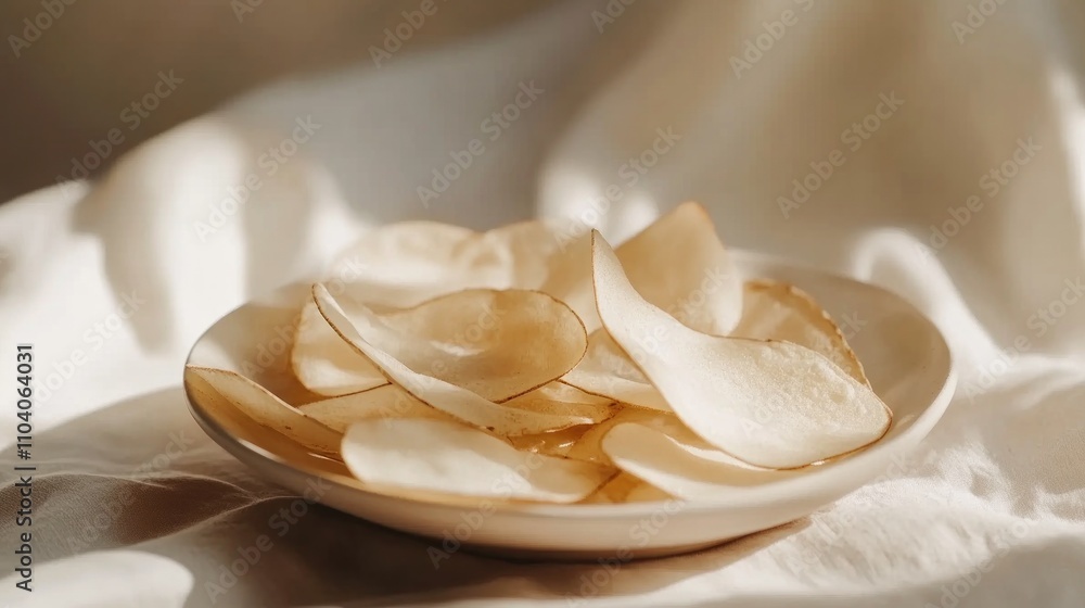 Close-up of thin, crispy potato chips in a bowl on a white fabric background, illuminated by soft sunlight. Close-up of thin, crispy potato chips in a bowl on a white fabric background, illuminated by soft sunlight.