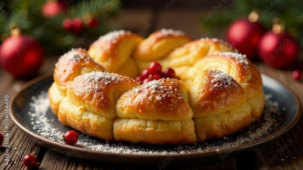 French galette des rois with golden flaky crust, festive holiday decor, cozy lighting French galette des rois with golden flaky crust, festive holiday decor, cozy lighting