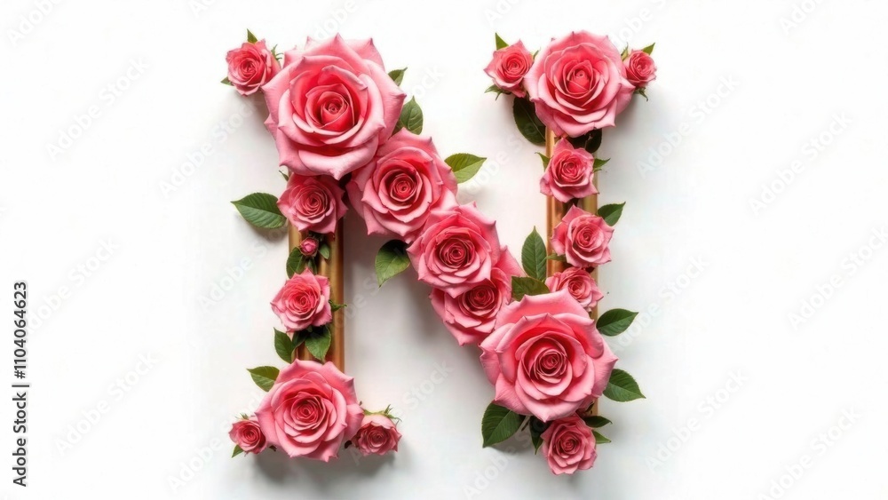 Letter N made from white- pink roses with green leaves on a white isolated background Letter N made from white- pink roses with green leaves on a white isolated background