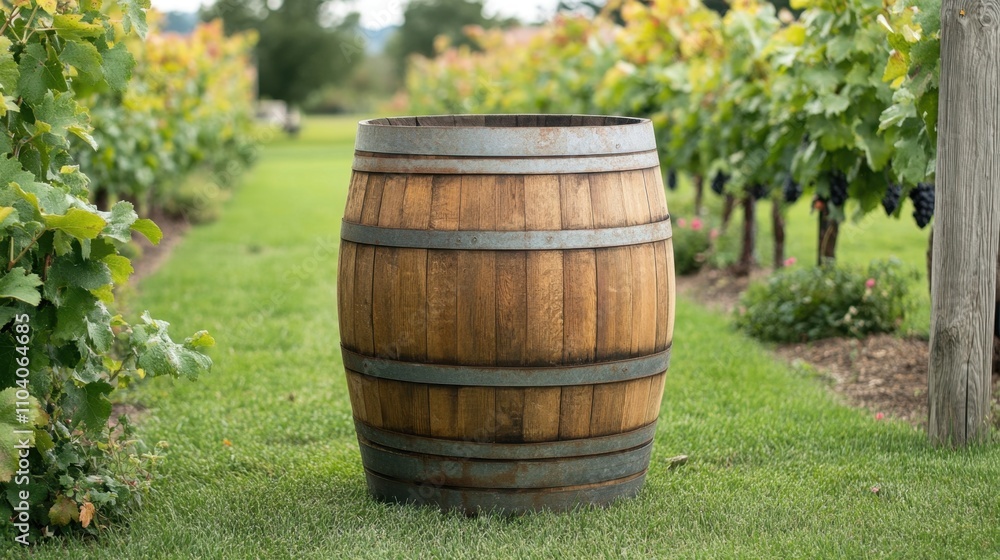 Rustic Wooden Barrel Surrounded by Lush Vineyard Rows and Grapes Rustic Wooden Barrel Surrounded by Lush Vineyard Rows and Grapes