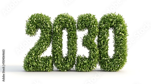 Text 2030 made of green grass on white background.