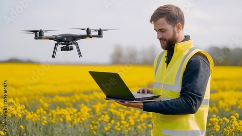 Drone Technology: Agriculture Professional Analyzing Crops with Laptop in Vibrant Field