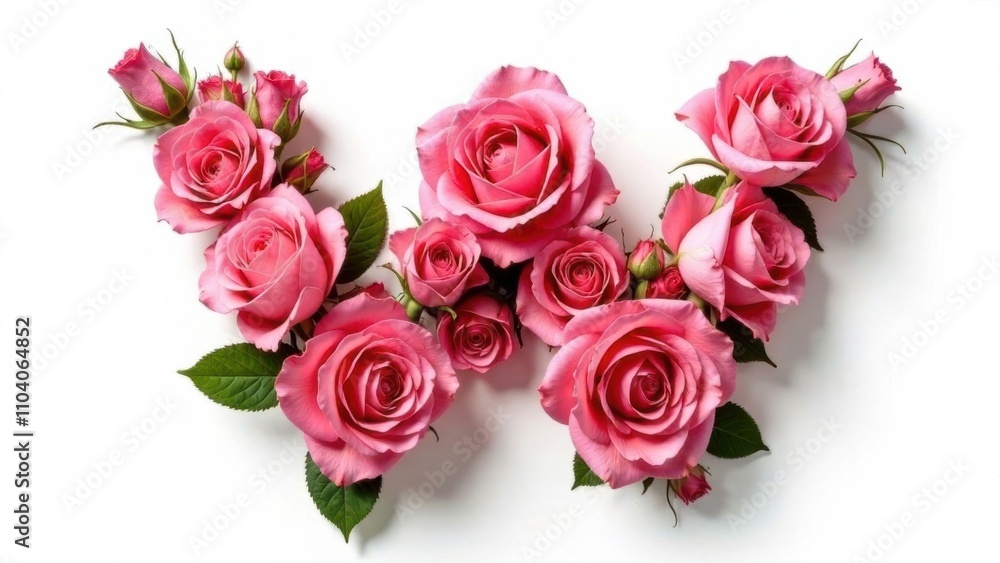 Fototapeta premium Letter W made from white- pink roses with green leaves on a white isolated background