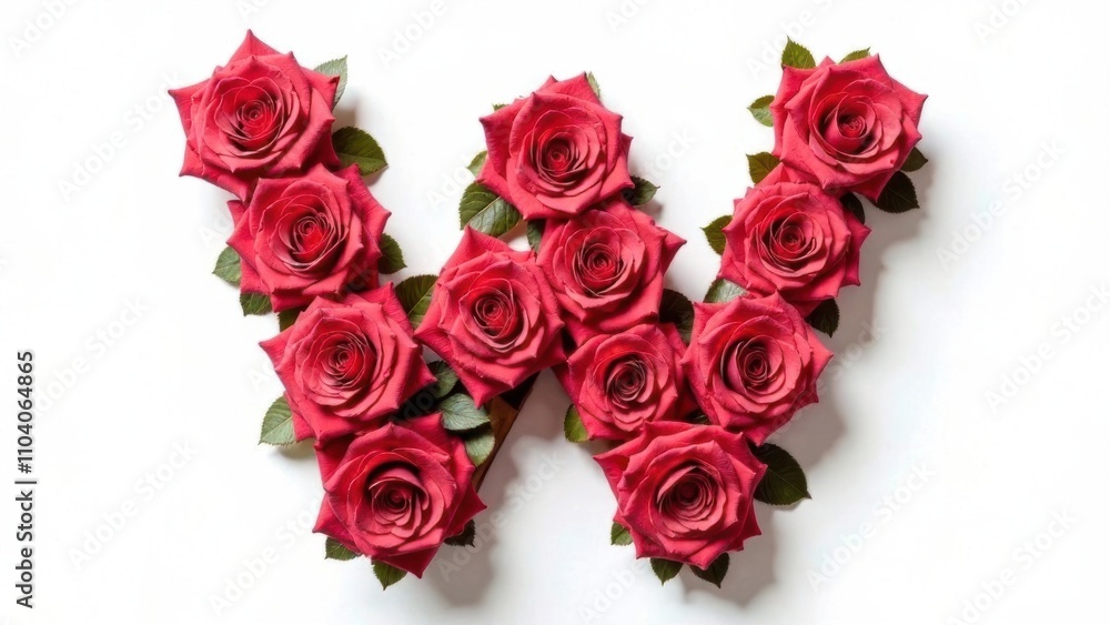Letter W made from red roses with green leaves on a white isolated background Letter W made from red roses with green leaves on a white isolated background