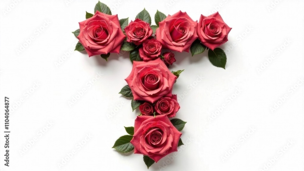 Letter T made from red roses with green leaves on a white isolated background Letter T made from red roses with green leaves on a white isolated background