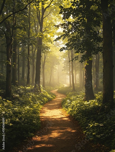 Sunny forest with a meandering dirt path leading into the woods, foliage, wilderness