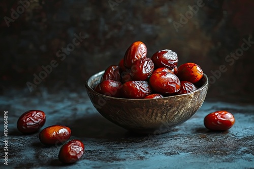 Safri or Majdool Juicy and Sweet Dates on Dark Background. Ramadan and Eid Mubarak Special Traditional Middle East Arab Traditional Dates for Iftar.  photo