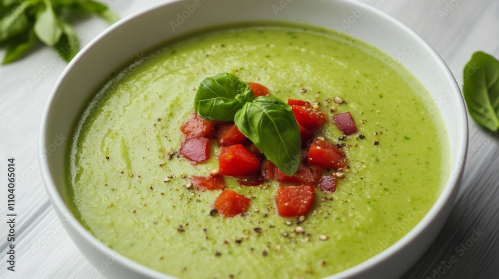 Fresh Basil Gazpacho Soup with Tomato Garnish in White Bowl on Wooden Table Fresh Basil Gazpacho Soup with Tomato Garnish in White Bowl on Wooden Table