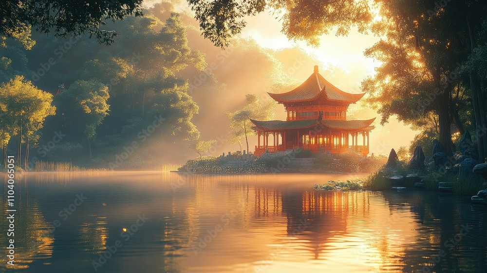 Serene lakeside pavilion at sunrise, surrounded by lush greenery and mist. Serene lakeside pavilion at sunrise, surrounded by lush greenery and mist.