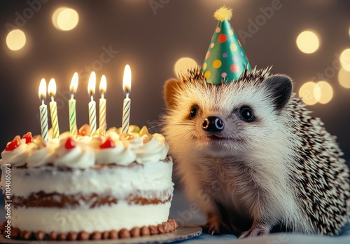 A cute hedgehog wearing a birthday hat next to a cake with candles, a photo of an adorable small animal in party on a bokeh background, with copy space. photo