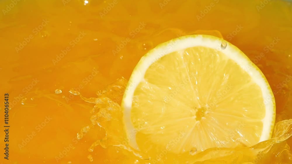 Lemon slices splashing into bright orange juice, creating vibrant waves in slow motion 300fps Lemon slices splashing into bright orange juice, creating vibrant waves in slow motion 300fps