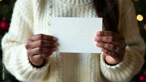 close-up of a dark- skinned woman in a white sweater holds in her hands a postcard with space for text, Christmas  concept