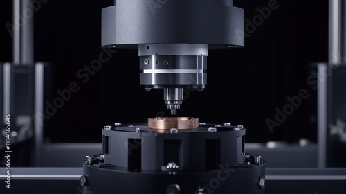 Close-up of a precision machining process, showcasing a robotic arm precisely manipulating a metallic component.