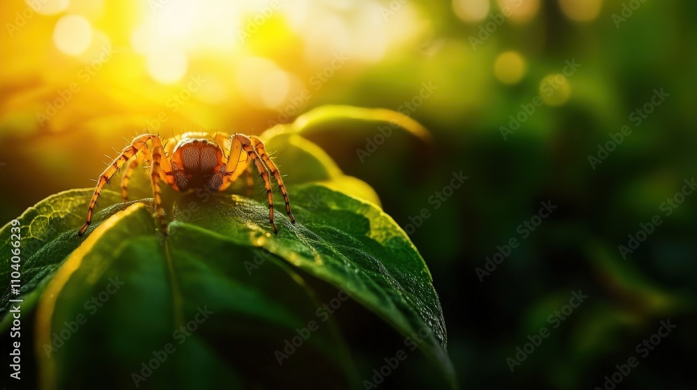 Close-up of a spider on a leaf in the warm glow of sunlight, showcasing nature's beauty and detail in a serene outdoor setting. Close-up of a spider on a leaf in the warm glow of sunlight, showcasing nature's beauty and detail in a serene outdoor setting.