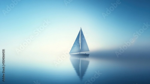 Sailboat sailing on calm, misty ocean at sunrise.
