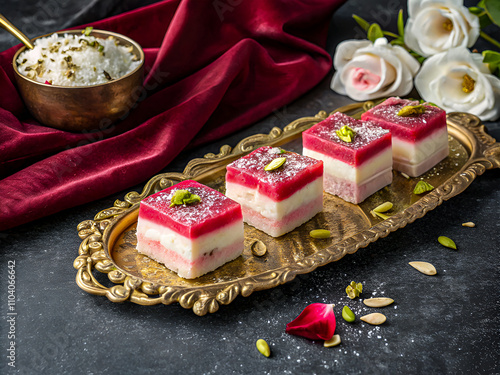 Delicious Traditional Indian sweet 'Desi Miya Mau', creamy, vibrant pink layers. Food background photo