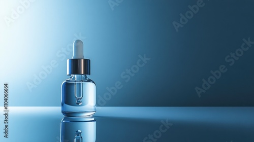 Glass dropper bottle with serum on blue background.