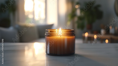 Lit candle in amber jar on marble table, sunlit room.