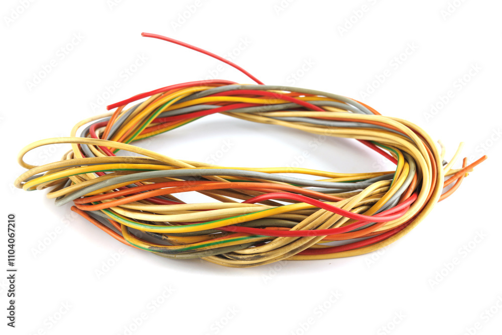 Close-up of multi-wire cables bundle plaited to circle isolated on white background. Colored wiring assembly of copper conductors with plastic insulation. Close-up of multi-wire cables bundle plaited to circle isolated on white background. Colored wiring assembly of copper conductors with plastic insulation.