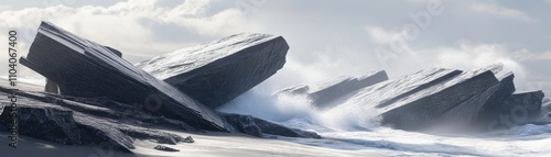 A dramatic coastal scene featuring large, angular rocks emerging from the ocean waves.