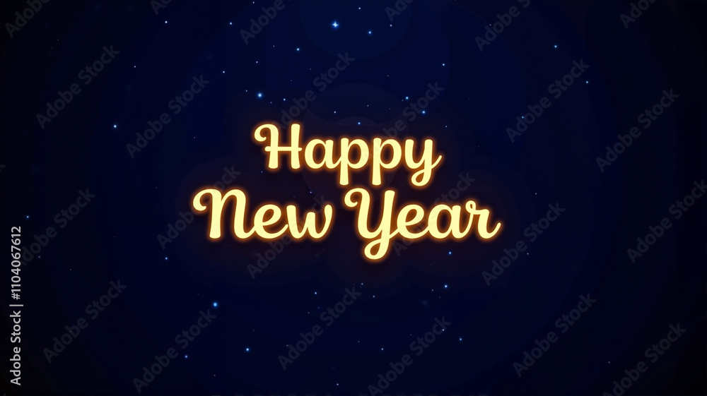 Happy New Year glowing yellow text on a starry blue background Happy New Year glowing yellow text on a starry blue background