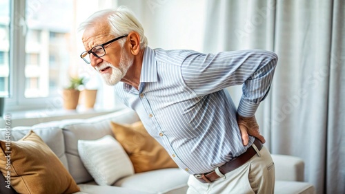 Elderly Man Experiencing Back Pain While Standing in Bright Living Room with Modern Decor, Suffering from Discomfort and Struggling to Find Relief at Home