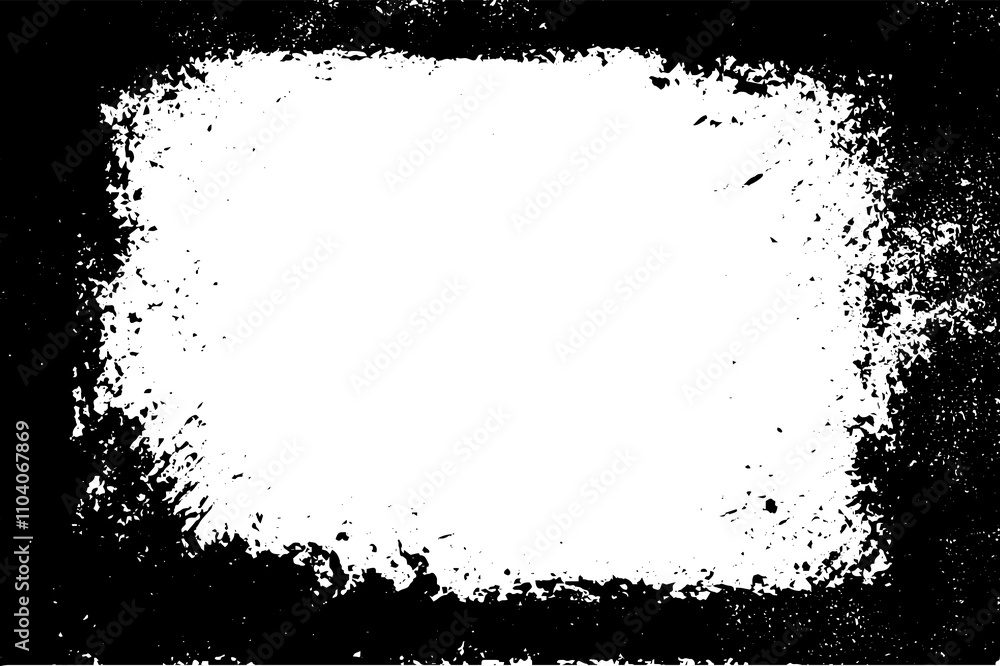 Vector black frame with rough border overlay on white background. Retro torn paper texture with grunge effect. Worn, grainy edges for album cover or poster design template. Vector black frame with rough border overlay on white background. Retro torn paper texture with grunge effect. Worn, grainy edges for album cover or poster design template.