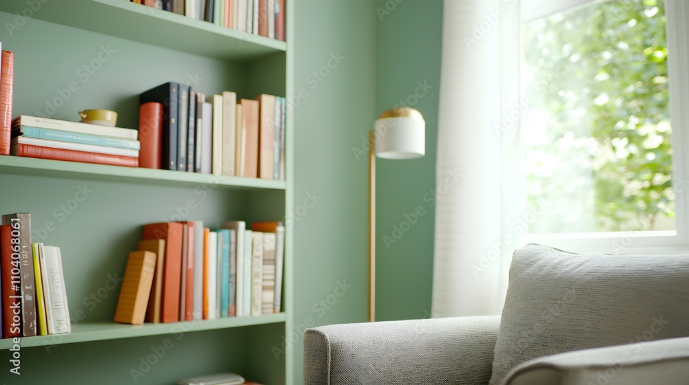 Cozy Reading Nook Renovation Serene Soft Green Walls Custom Shelving and Minimalist Armchair Setup for Peaceful Moments in a Calming Ambiance Cozy Reading Nook Renovation Serene Soft Green Walls Custom Shelving and Minimalist Armchair Setup for Peaceful Moments in a Calming Ambiance