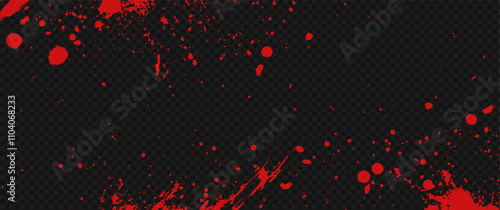 Vector blood splatter texture with red ink drops and drips. Grunge border featuring stains and splashes for a horror background at the transparent bg as a png.