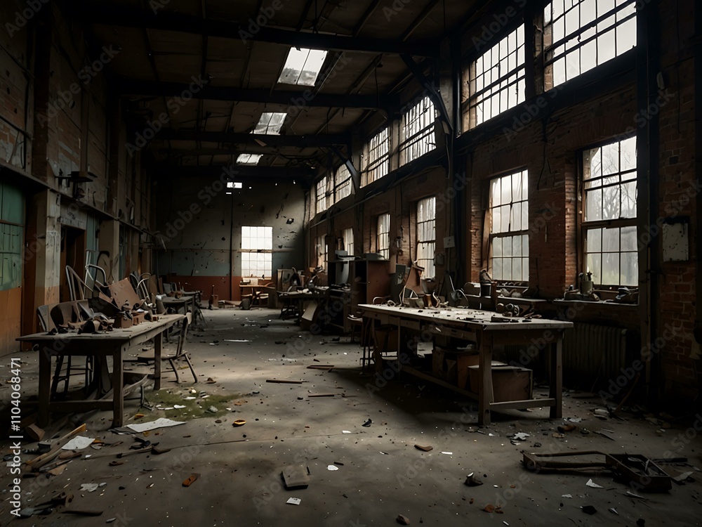 Abandoned industrial workshop with scattered tools and a derelict atmosphere. Abandoned industrial workshop with scattered tools and a derelict atmosphere.