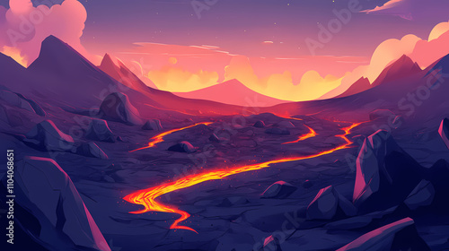 Otherworldly volcanic landscape of black rock mount valley ground with lava stream glowing on ground. Otherworldly. Illustration photo