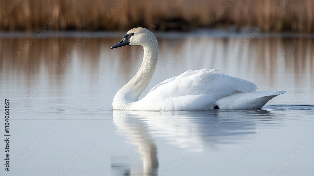 A serene white swan glides gracefully across a calm water surface, reflecting its beauty. A serene white swan glides gracefully across a calm water surface, reflecting its beauty.