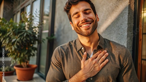 Young Man Expressing Gratitude and Joy with a Heartfelt Smile in a Cozy Indoor Environment Surrounded by Greenery and Natural Light