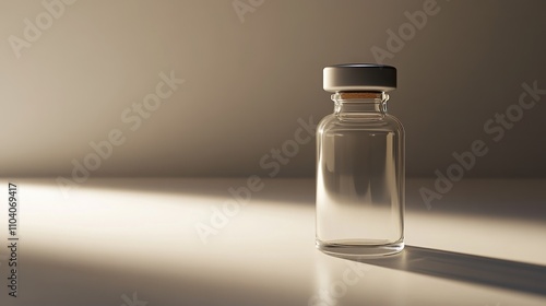 A single, empty glass vial with a white cap sits on a reflective surface, illuminated by a soft light.