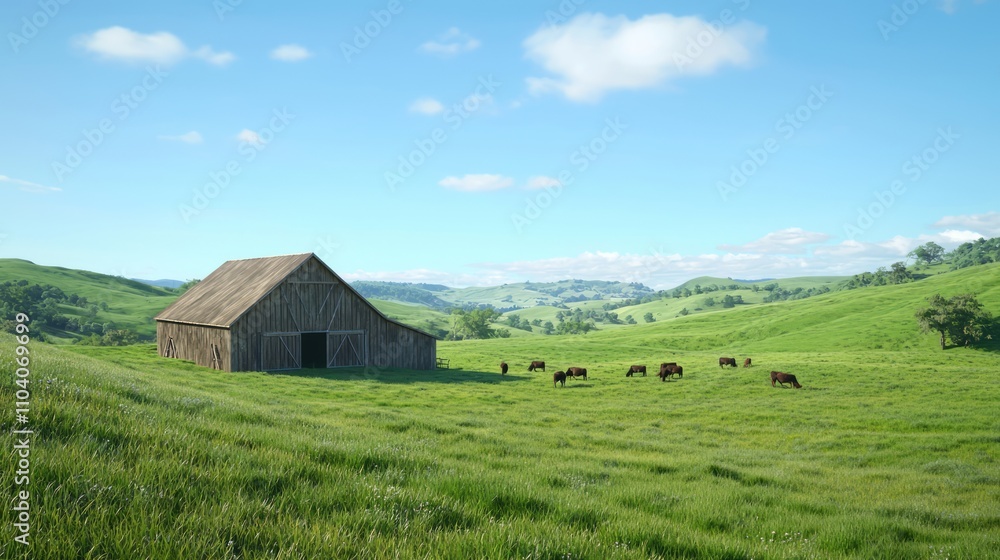 Tranquil Rural Scene - Idyllic Barn with Grazing Cattle and Rolling Hills in Ultra-Detailed Photorealistic Image Tranquil Rural Scene - Idyllic Barn with Grazing Cattle and Rolling Hills in Ultra-Detailed Photorealistic Image