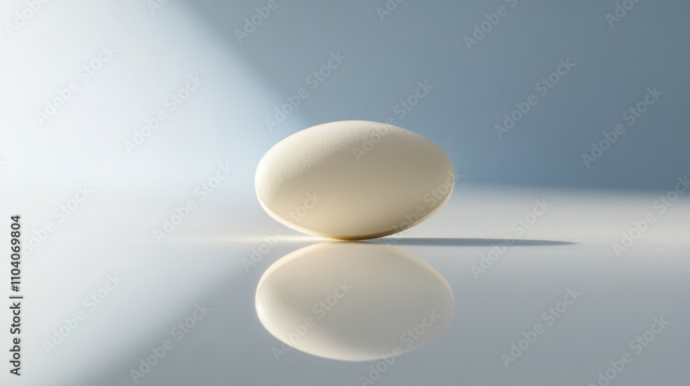 Single white egg on reflective surface, illuminated by a light beam. Single white egg on reflective surface, illuminated by a light beam.
