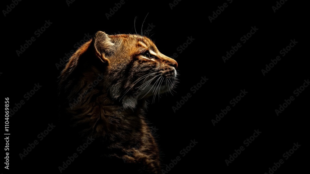 A majestic fishing cat, side profile, gazing upward against a dramatic black background. A majestic fishing cat, side profile, gazing upward against a dramatic black background.