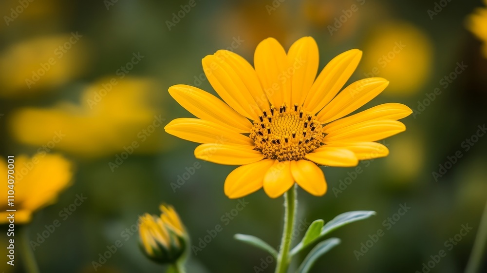 A vibrant yellow flower stands out against a blurred green background, showcasing nature's beauty. A vibrant yellow flower stands out against a blurred green background, showcasing nature's beauty.