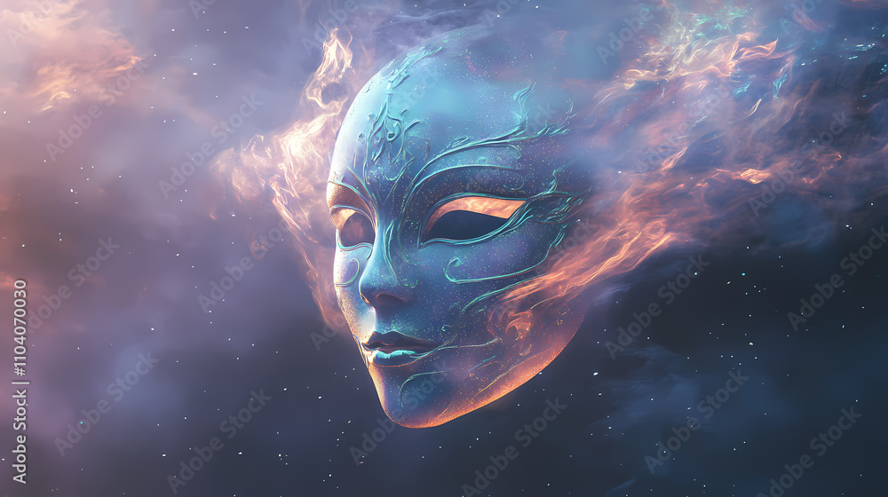 The mask hovers in mid-air as a faint mist swirls around it reflecting soft iridescent colors adding to the otherworldly feel. Otherworldly. Illustration The mask hovers in mid-air as a faint mist swirls around it reflecting soft iridescent colors adding to the otherworldly feel. Otherworldly. Illustration
