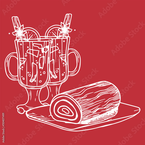 Hot mulled wine design with yule log. Vector illustration of cupcake and drink in sketch style. Isolated design on red festive background