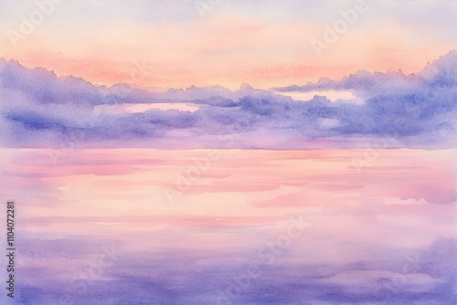 A serene watercolor painting of a pastel sunset over calm waters, featuring soft pink and lavender hues.