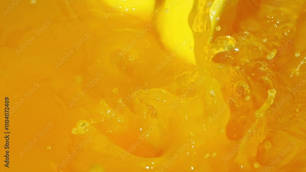 Lemon slices splashing into bright orange juice, creating vibrant waves in slow motion 300fps