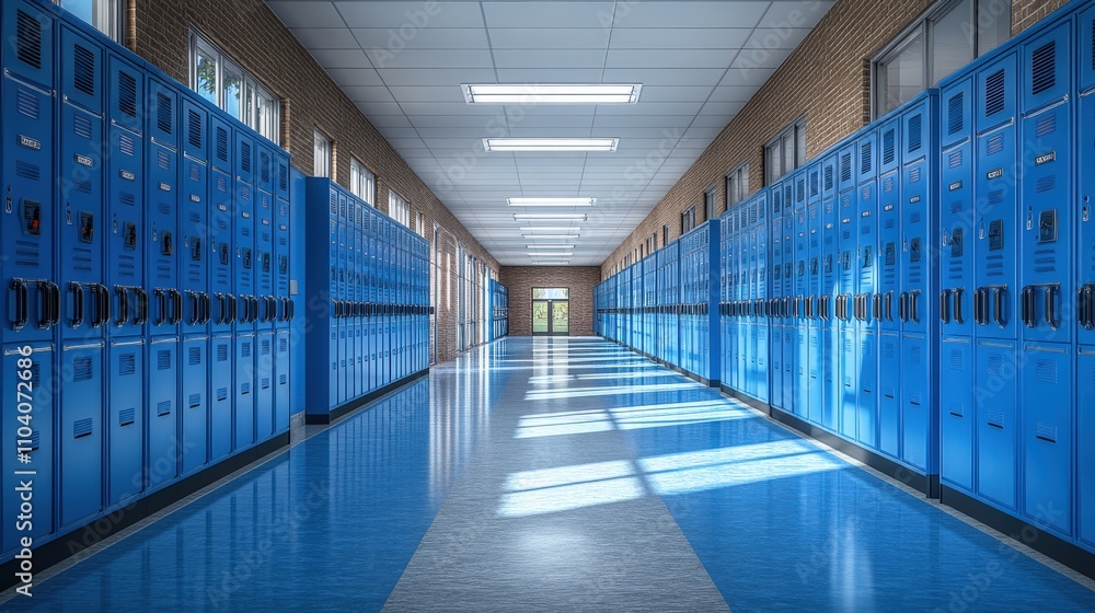 Fototapeta premium A school hallway featuring blue lockers and bright lighting.