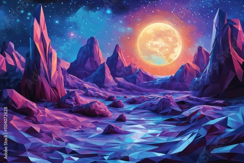 A stunning digital landscape featuring vibrant purple mountains under a glowing moon, evoking a sense of otherworldly beauty.