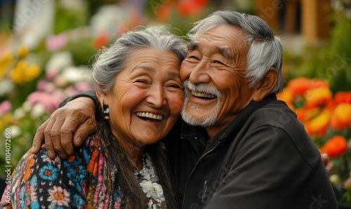 Joyful Elderly Couple Embracing in a Colorful Garden