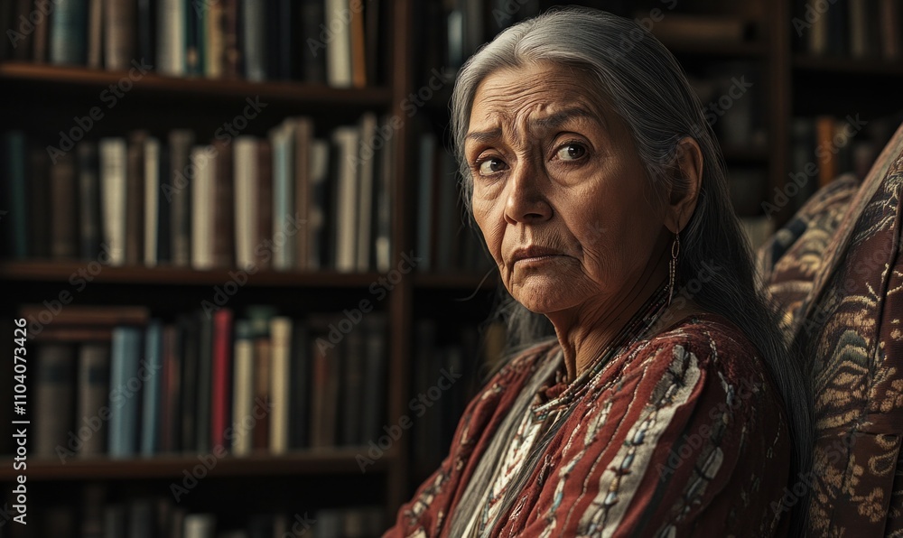 Fototapeta premium Thoughtful Elderly Woman in Cozy Library Setting