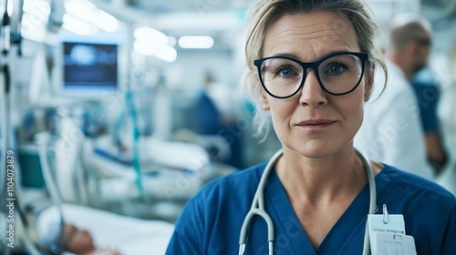 A healthcare professional in scrubs and glasses, focused in a hospital setting.