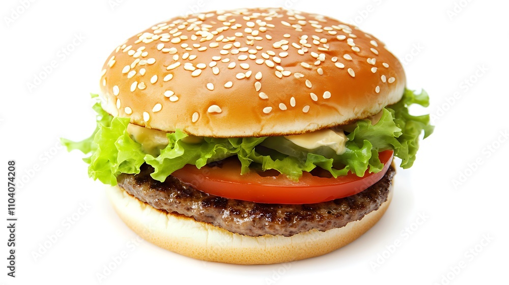A hamburger with sesame seed bun, lettuce, tomato, and a patty. A hamburger with sesame seed bun, lettuce, tomato, and a patty.