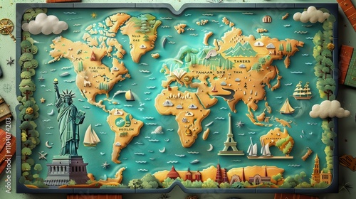 A colorful, illustrated world map showcasing landmarks and travel themes. photo