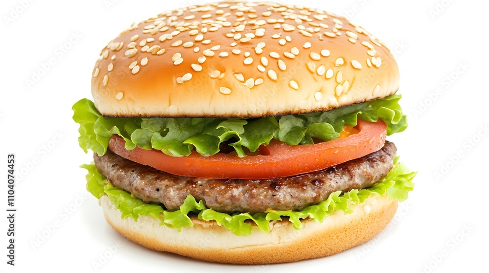 A hamburger with sesame seed bun, lettuce, tomato, and a patty. A hamburger with sesame seed bun, lettuce, tomato, and a patty.